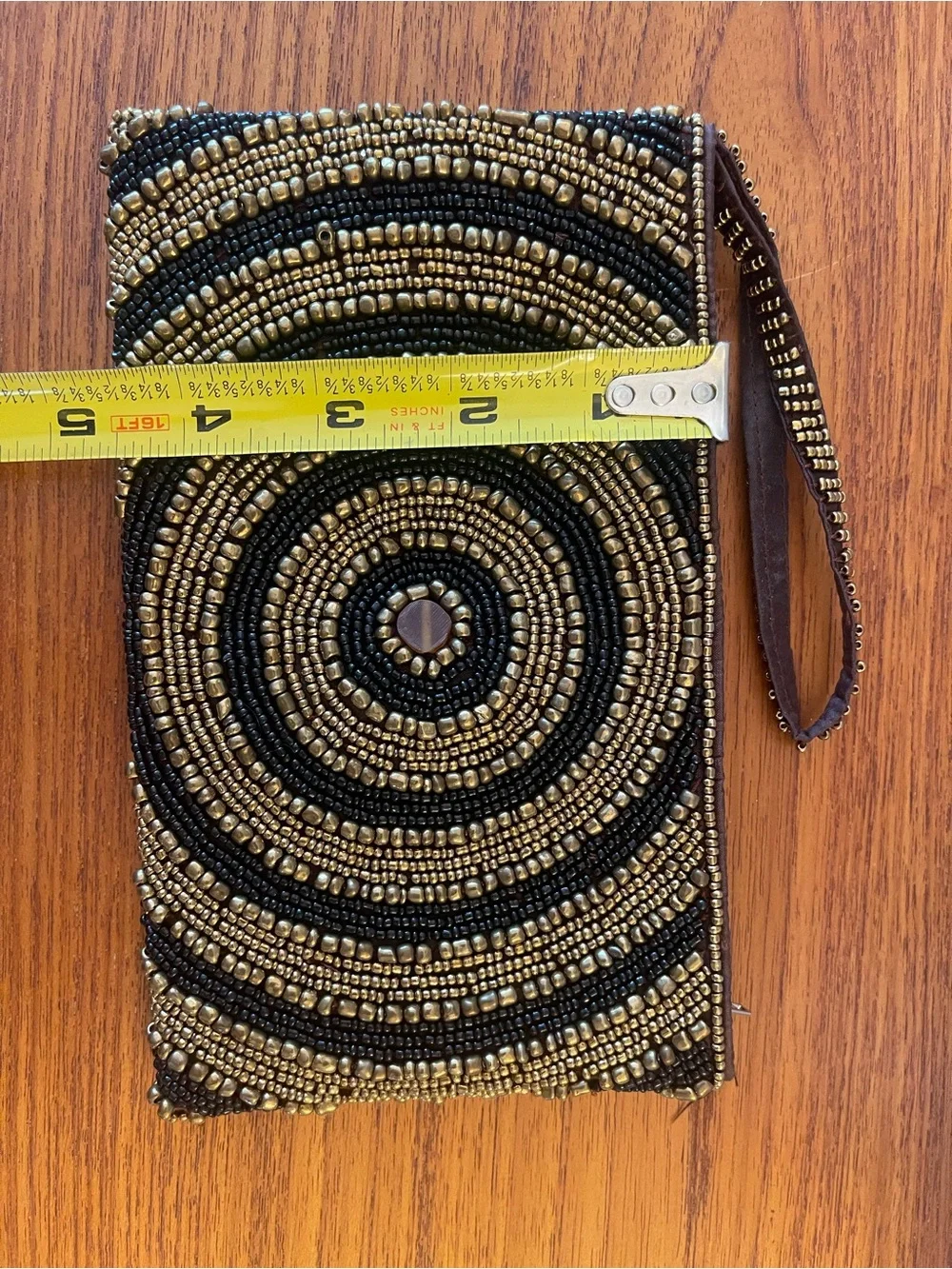 Hand-Beaded Circular Accent Clutch — Black & Gold Seed Beads